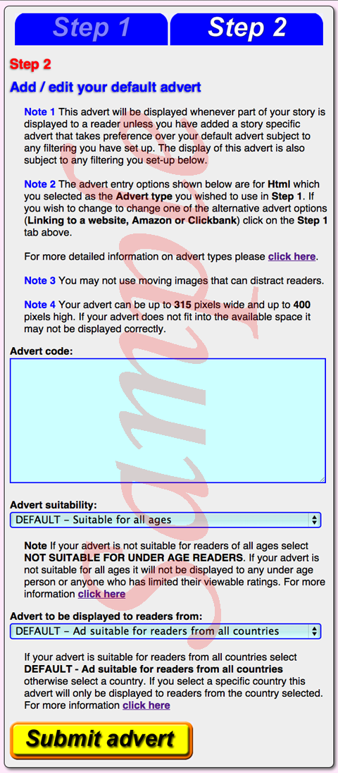 This is a screen shot image of the entry form. To enter your advert visit the Add/Edit your adverts page under your area.